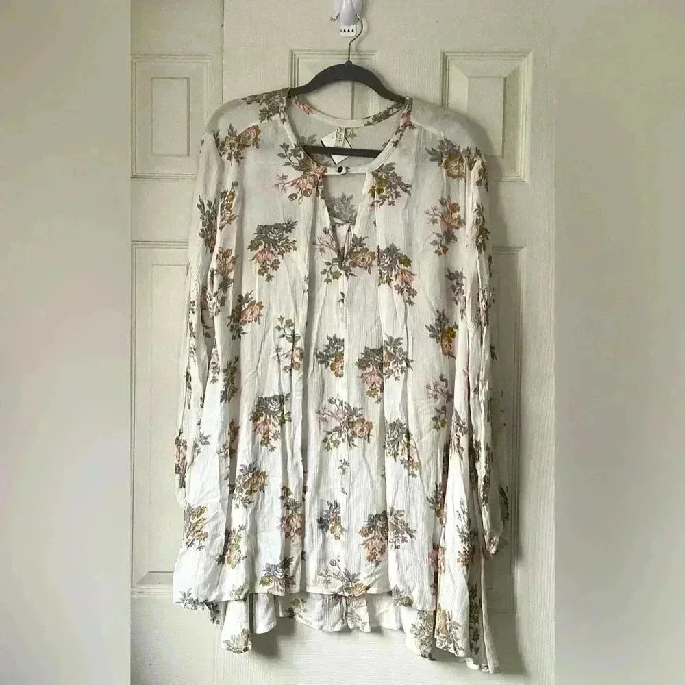 Free People White Gardenia Retro Swing Tunic Mini Dress Floral Long Sleeve M